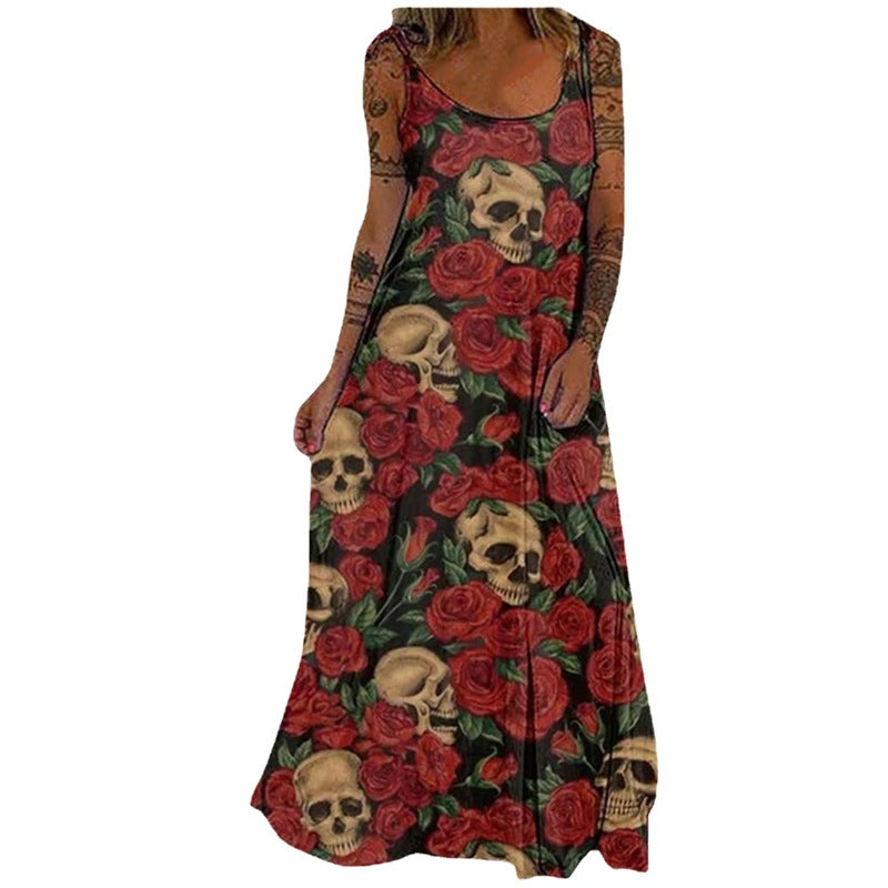 Halloween Women Fashion Casual Gothic Skull Head Floral Graphic Print Maxi Dress
