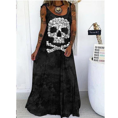 Halloween Women Fashion Casual Gothic Skull Head Floral Graphic Print Maxi Dress