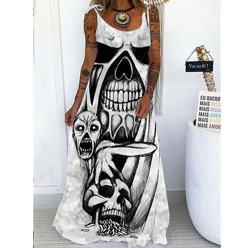Halloween Women Fashion Casual Gothic Skull Head Floral Graphic Print Maxi Dress