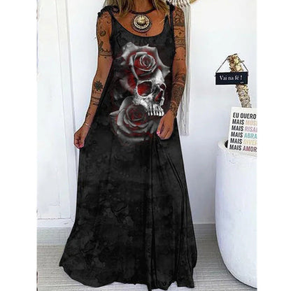 Halloween Women Fashion Casual Gothic Skull Head Floral Graphic Print Maxi Dress