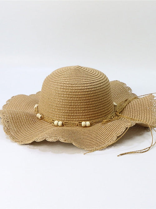 New Summer Wide-Brimmed Sunscreen Fashion Wooden Beads Wave Straw Hat Holiday Beach Hat for Women
