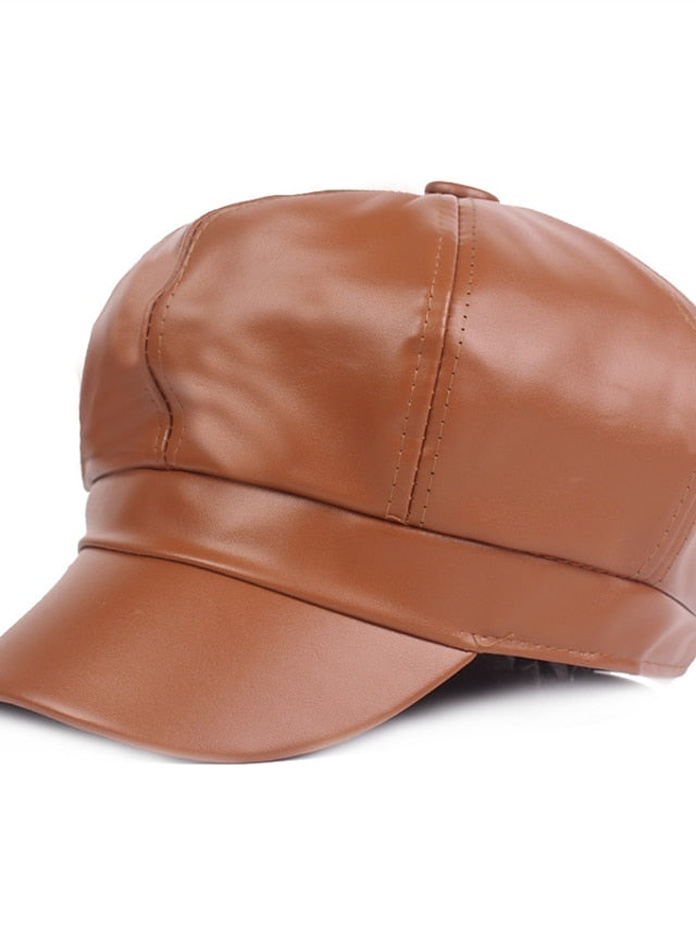 PU Beret Spring Autumn Winter Black Newsboy British Vintage Street Painter's Hat Wine Red Hat Simple Style Berets Octagonal Hat for Women