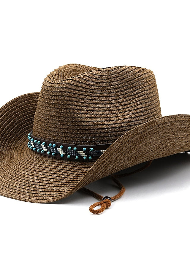 British Wind with Bead Leather Rope Cowgirl Summer Straw Hat for Women Men Western Cowboy Hat Lady Trendy Beach Sun Hat for Women