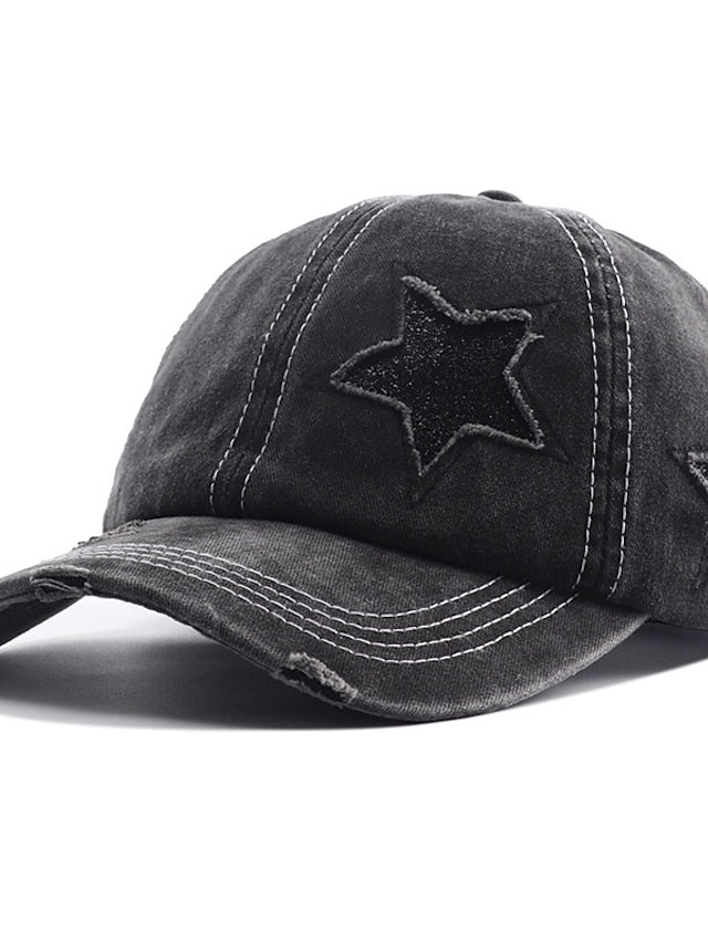 Men Washed Cotton Baseball Cap Glitter Star Embroidery Vintage Distressed Messy High Bun Ponytail Hole Trucker Hat Adjustable Sun Hat for Women
