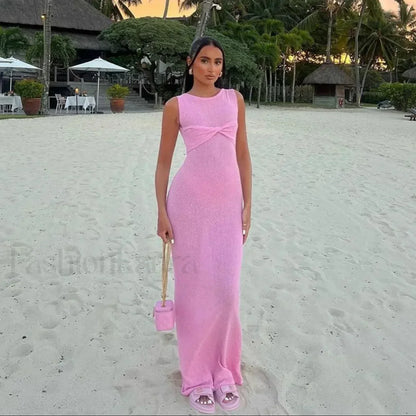 New Fashion Sexy Sleeveless Knitted O Neck Long Women Holiday Slim Fit Knit Beach Summer Maxi Dress