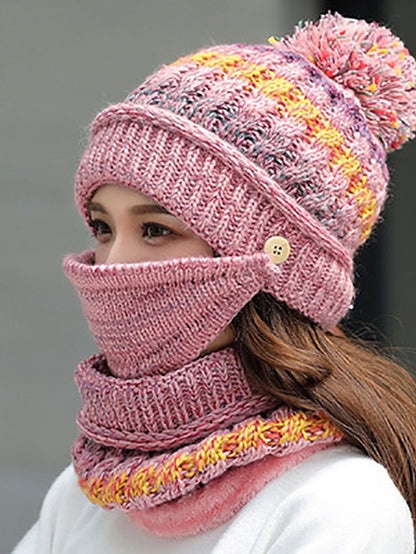 women girls knitted hat scarf mask set winter fleece lined beanie knit ear flaps hat with pompom (pink) for Women