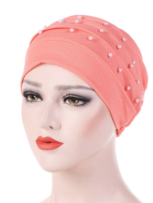 Muslim Women Turban Scarf Beaded Turban Hat Solid Color Beanies Cap Islamic Wrap Headscarf Musulman Femme Hijab Hair Care Accessories for Women