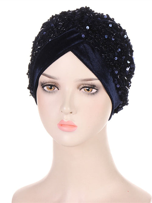 Velvet Sequins Turban Caps For Women Muslim Headscraf Bonnet Femme Musulman Islamic Head Wraps African Indian Hat Protective Hair Cover for Women