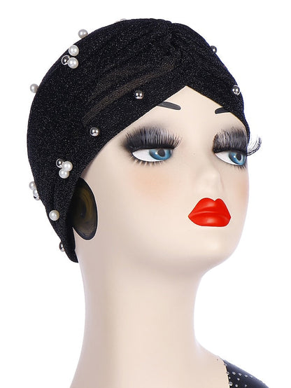 Fashion Women Turban Gold Shiny Hat for Lady Pearl Beading Bright Hat Indian Style Muslim Thin Head Wraps for Women