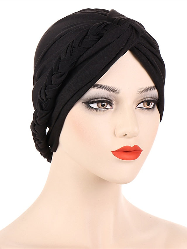 Women Lady Muslim Braid Head Turban Wrap Plain Color Islamic Arab Cap Hat Hair Loss Bonnet Beanies for Women