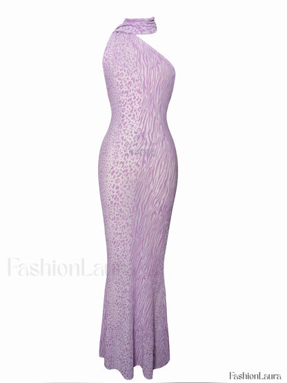 Olena Purple Burnout Velvet Animal Trendy Print Mesh Halter Neck Maxi Dress