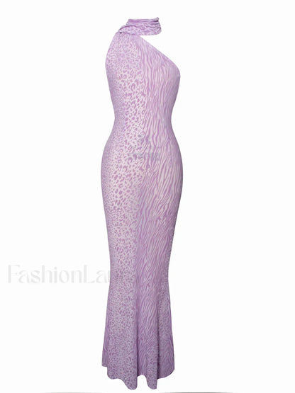 Olena Purple Burnout Velvet Animal Trendy Print Mesh Halter Neck Maxi Dress