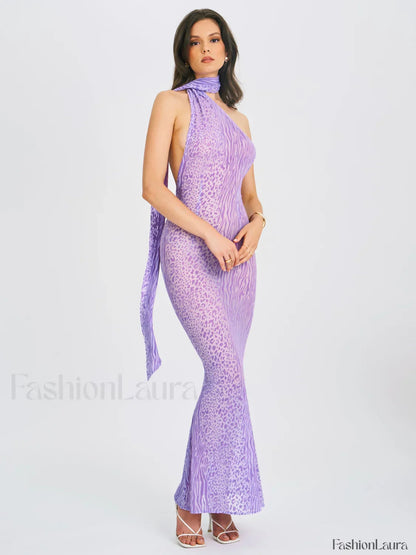 Olena Purple Burnout Velvet Animal Trendy Print Mesh Halter Neck Maxi Dress