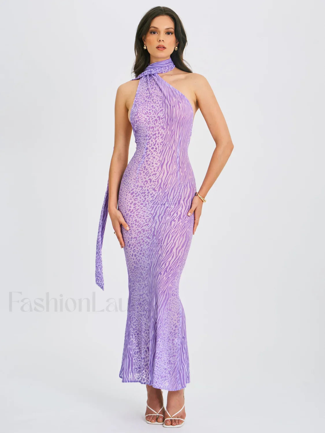 Olena Purple Burnout Velvet Animal Trendy Print Mesh Halter Neck Maxi Dress