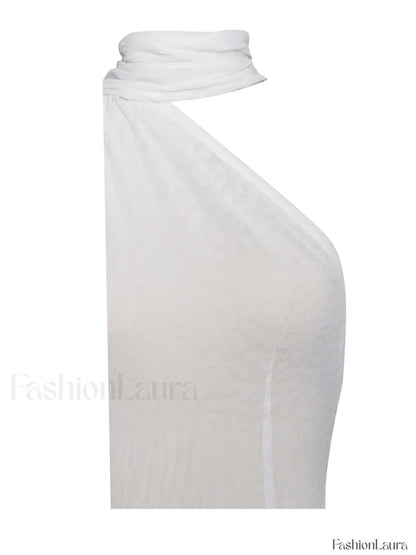 Olena White Burnout Velvet Animal Trendy Print Mesh Halter Neck Maxi Dress
