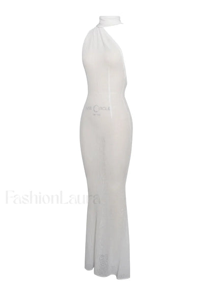 Olena White Burnout Velvet Animal Trendy Print Mesh Halter Neck Maxi Dress