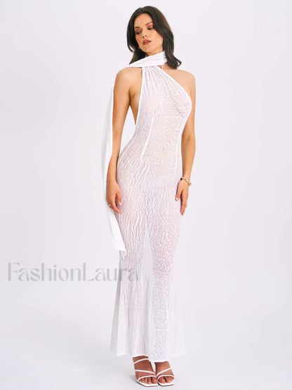 Olena White Burnout Velvet Animal Trendy Print Mesh Halter Neck Maxi Dress