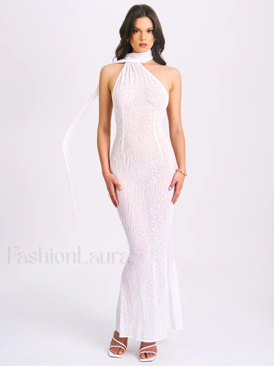 Olena White Burnout Velvet Animal Trendy Print Mesh Halter Neck Maxi Dress