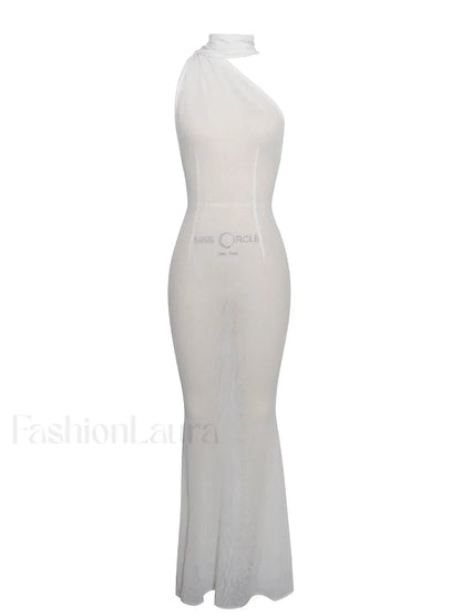Olena White Burnout Velvet Animal Trendy Print Mesh Halter Neck Maxi Dress