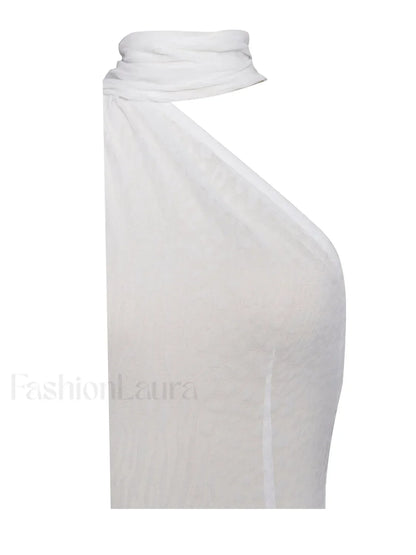 Olena White Burnout Velvet Animal Trendy Print Mesh Halter Neck Maxi Dress