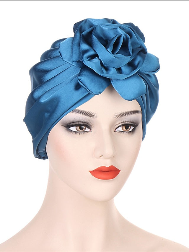 Big Flower Muslim Women Turban Satin Head Wrap Hijab Sleep Night Hat Hair Care Cap Indian Elastic Beanie Ladies Hair Loss Headwear for Women