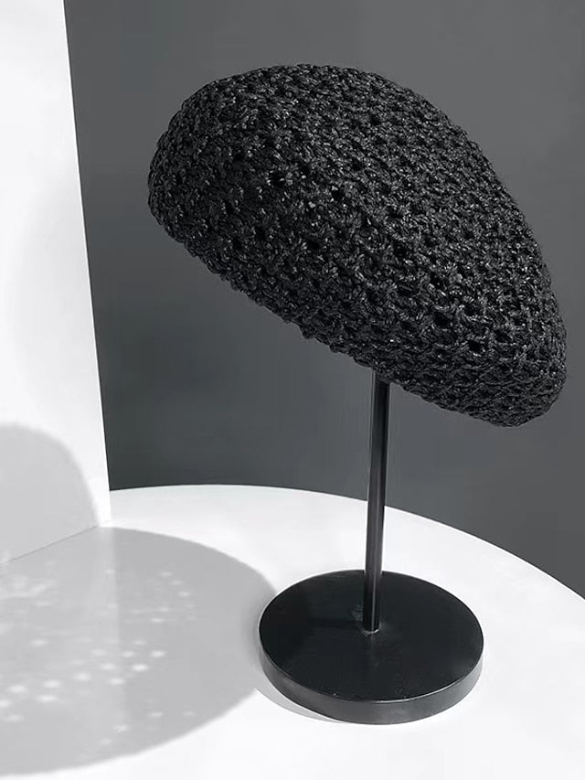 Spring Summer Breathable Straw Hat Female Unique Beret Black Khaki Beige British Beret Hat Hollow Artistic Painter Hat for Women