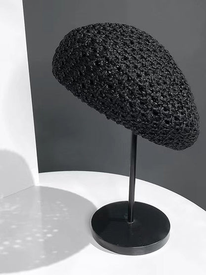 Spring Summer Breathable Straw Hat Female Unique Beret Black Khaki Beige British Beret Hat Hollow Artistic Painter Hat for Women