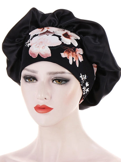 Women Satin Night Beauty Salon Sleep Cap Bonnet Hat Silk Headwrap Floral Print Wide Elastic Band Curly Springy Hair Chemo Cap Sleep Cap for Women