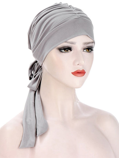 Muslim Women Stretch Solid Wrinkle Turban Hat Cancer Chemo Beanies Caps Pre-Tied Scarf Headwear Headwrap Simple Hair Accessories for Women