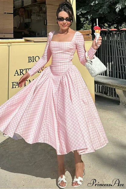 Plaid Flare Sleeve Waist Fitted Square Neck Maxi Dress