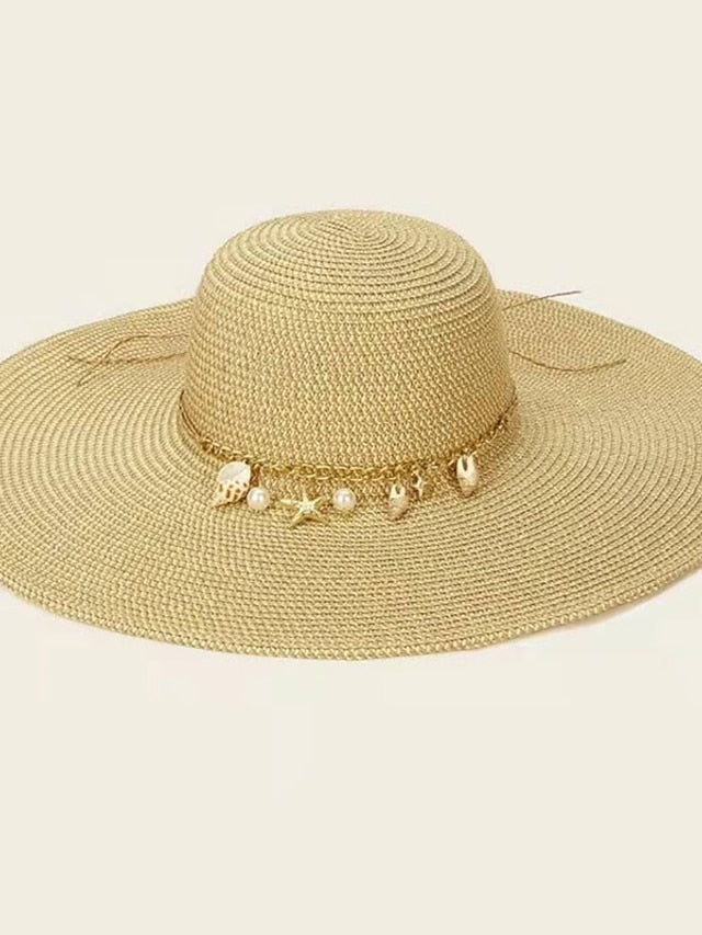 Summer Women Straw Hat with Shell Decoration Wide Brim Floppy Panama Hats Female Lady Outdoor Foldable Beach Sun Cap for Women