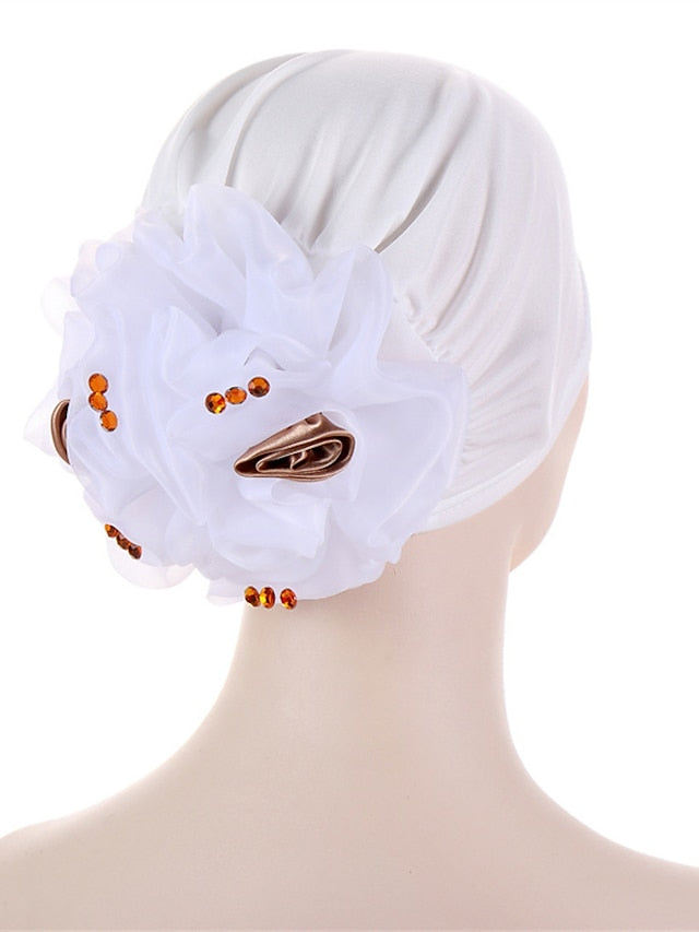 Women Solid Color Back Big Flower New Turban Muslim Hijab Caps Satin Flowers Arab Wrap Inner Hijabs Bonnet Hat Headdress for Women