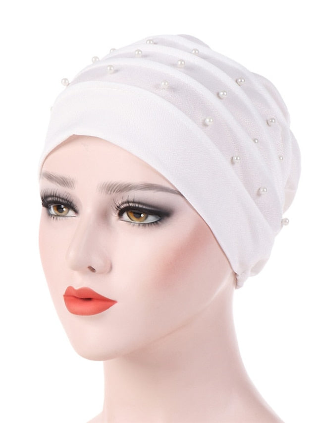 Muslim Women Turban Scarf Beaded Turban Hat Solid Color Beanies Cap Islamic Wrap Headscarf Musulman Femme Hijab Hair Care Accessories for Women