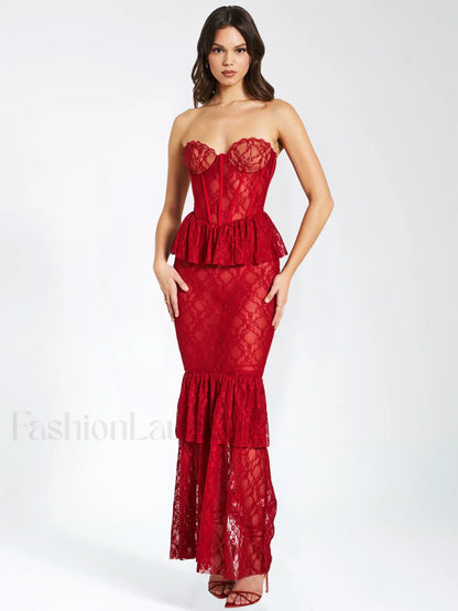 Quennell Burgundy Lace Charming Corset Maxi Dress