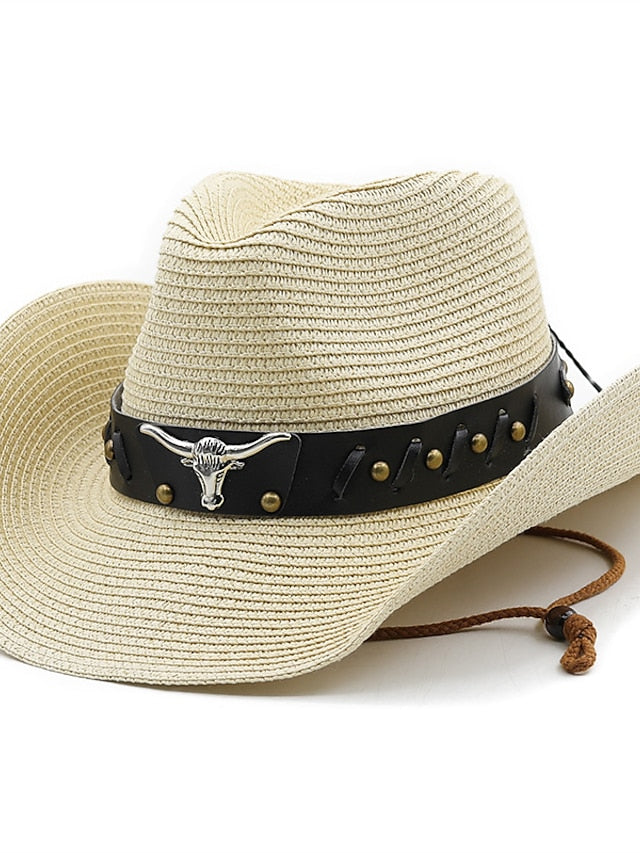 Ethnic Style Hat Cowboy Men Straw Panama Hat Belt Cow Decorate Wide Brimmed Hats For Summer Khaki Women Hat New Arrival for Women