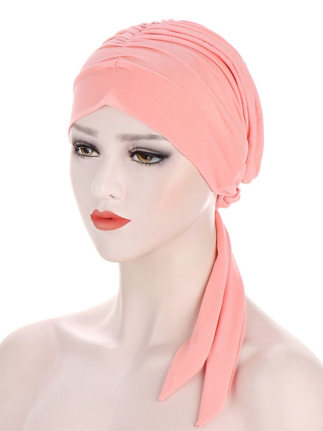 Muslim Women Stretch Solid Wrinkle Turban Hat Cancer Chemo Beanies Caps Pre-Tied Scarf Headwear Headwrap Simple Hair Accessories for Women
