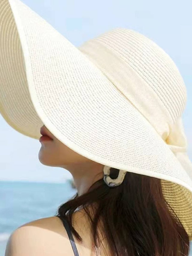 Ladies Summer Ribbon Hats Elegant Straw Hats For Women Beach Seaside Vacation Foldable Sun Hat Sun Floppy Visor for Women