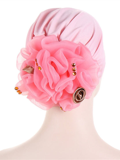 Women Solid Color Back Big Flower New Turban Muslim Hijab Caps Satin Flowers Arab Wrap Inner Hijabs Bonnet Hat Headdress for Women
