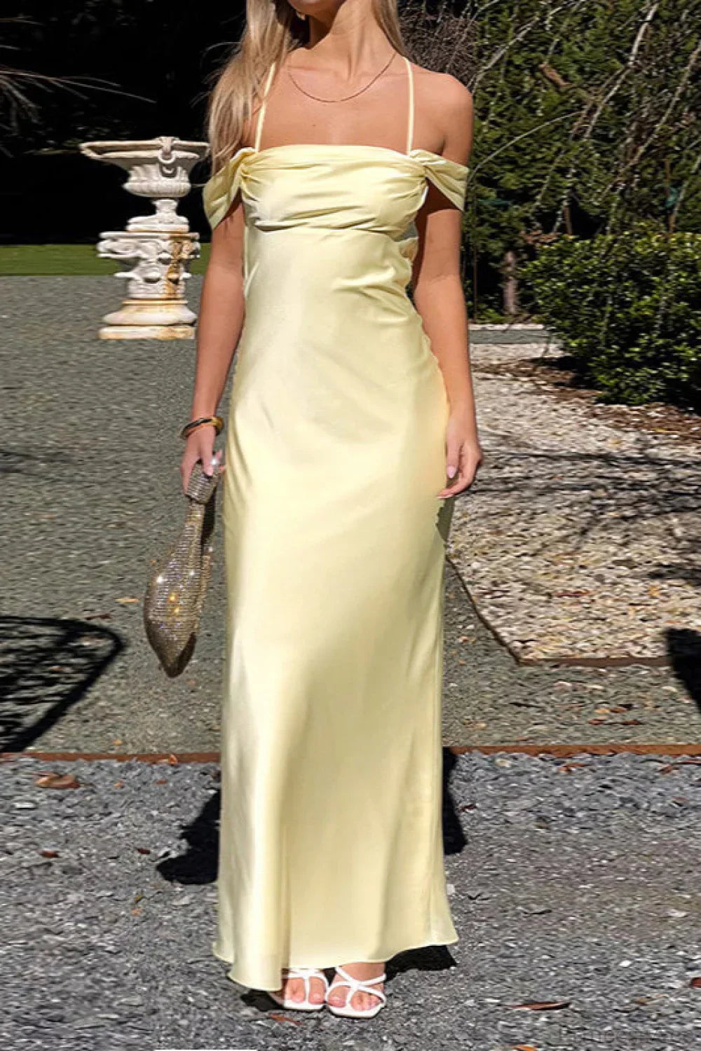 Satin Off Shoulder Backless Tie Cami Maxi Dress