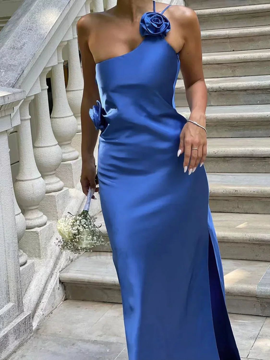Satin Rose Decor Asymmetrical Modern Open Back Maxi Dress