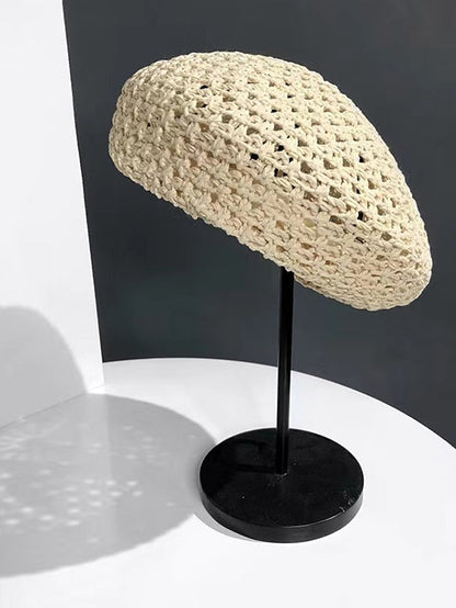 Spring Summer Breathable Straw Hat Female Unique Beret Black Khaki Beige British Beret Hat Hollow Artistic Painter Hat for Women