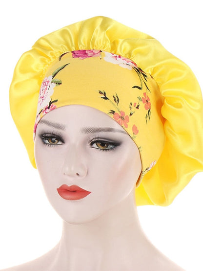 Women Satin Night Beauty Salon Sleep Cap Bonnet Hat Silk Headwrap Floral Print Wide Elastic Band Curly Springy Hair Chemo Cap Sleep Cap for Women