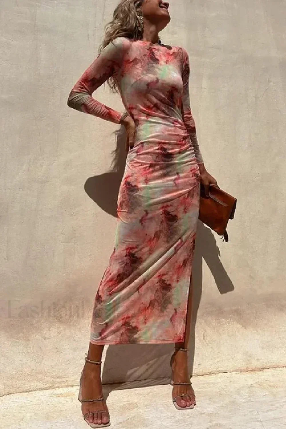 Skinny Mesh Long Sleeve Split Spring/Summer Print Slim Fit Elastic Maxi Dress