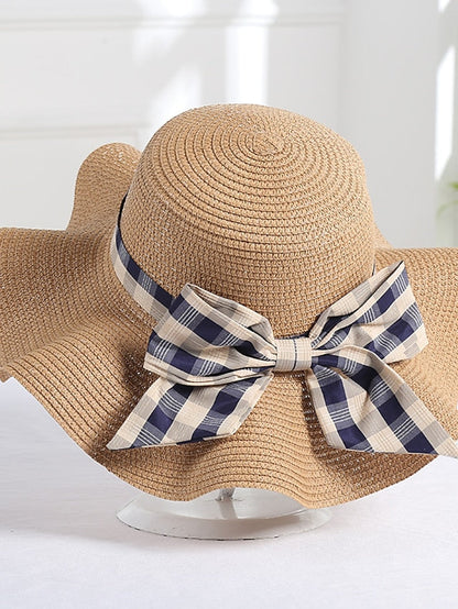Hat Straw Hat Pink Khaki Beige Lawn Festival Braided Bow Print Ribbon bow Portable Windproof Breathable for Women
