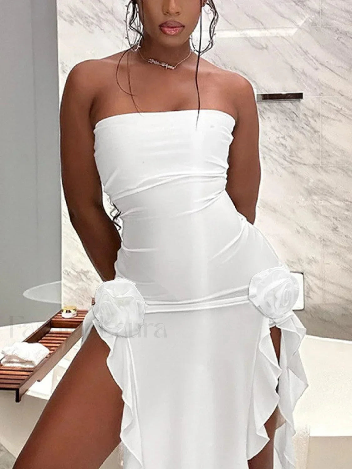 Split Ruffle Mesh Bandeau Maxi Dress