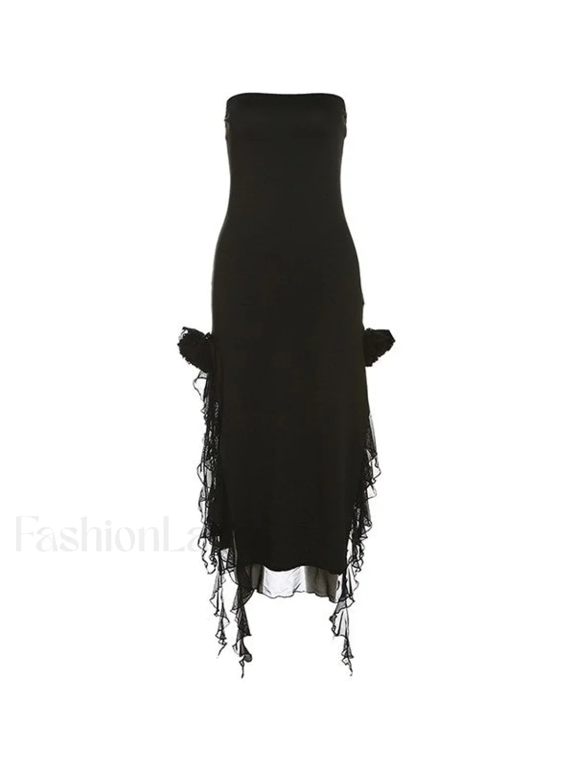 Split Ruffle Mesh Bandeau Maxi Dress