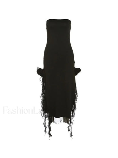 Split Ruffle Mesh Bandeau Maxi Dress