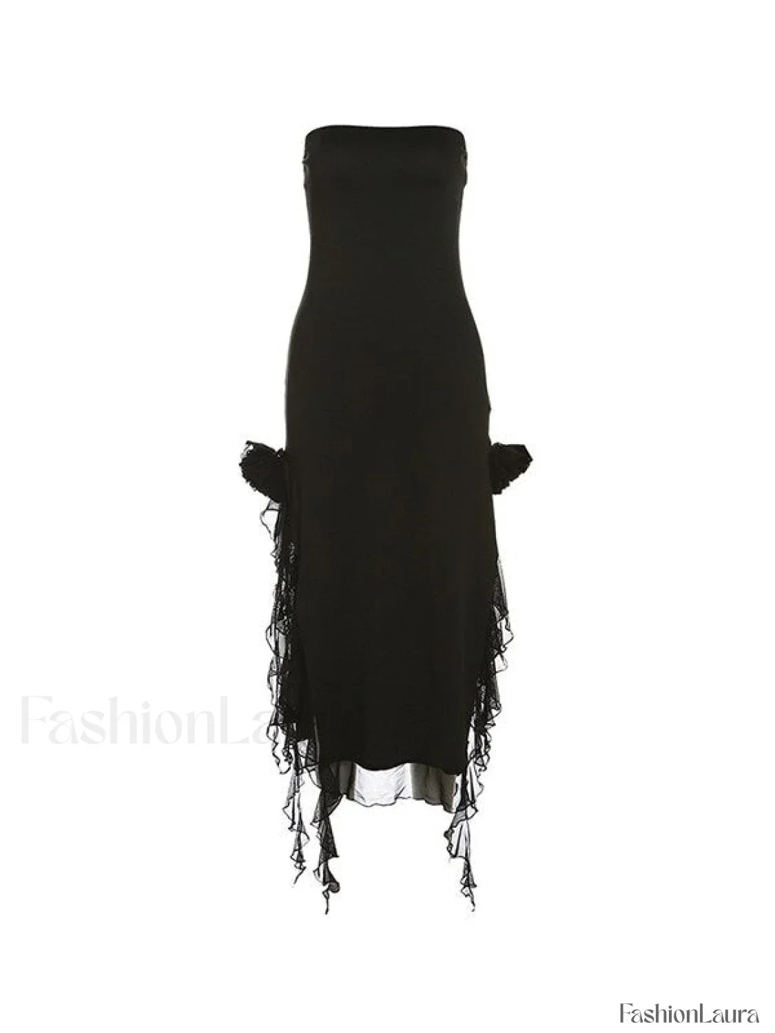 Split Ruffle Mesh Bandeau Maxi Dress