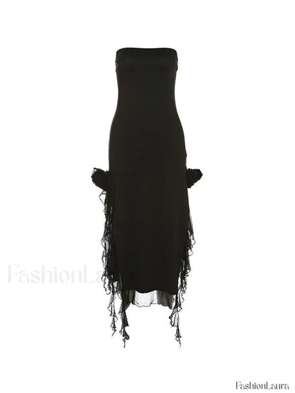 Split Ruffle Mesh Bandeau Maxi Dress