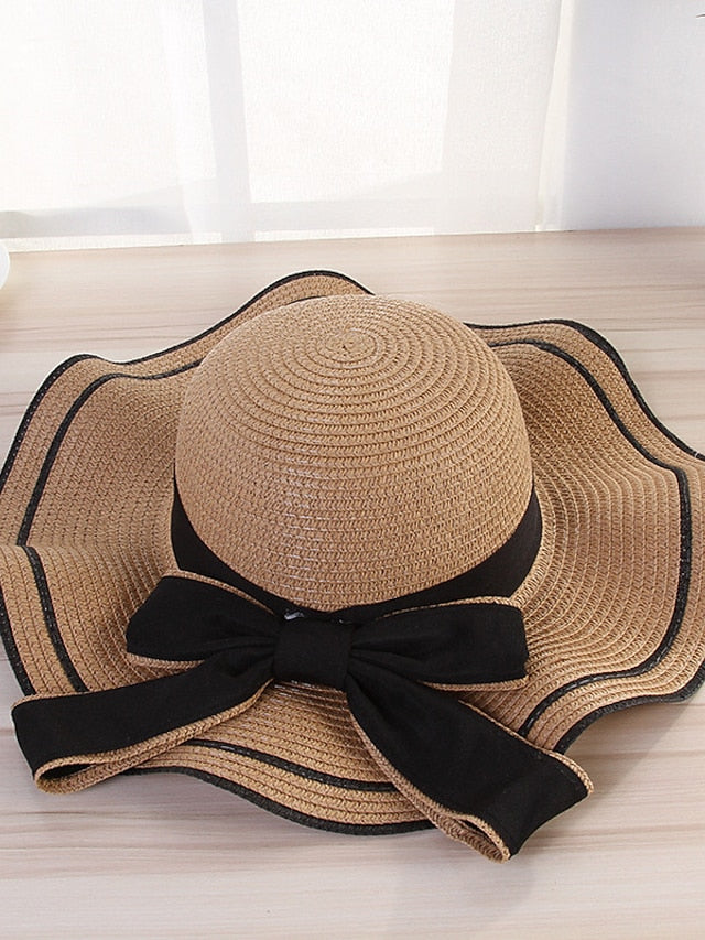Hat Straw Hat Sun Hat Pink Khaki Navy Blue Outdoor Street Dailywear Bow Ribbon bow Portable Sun Protection Comfort for Women